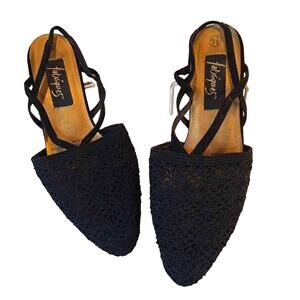 Fabrique's Women's Slingback Heel Black Dressy Mid Pointed Toe Strappy Lacy 9.5